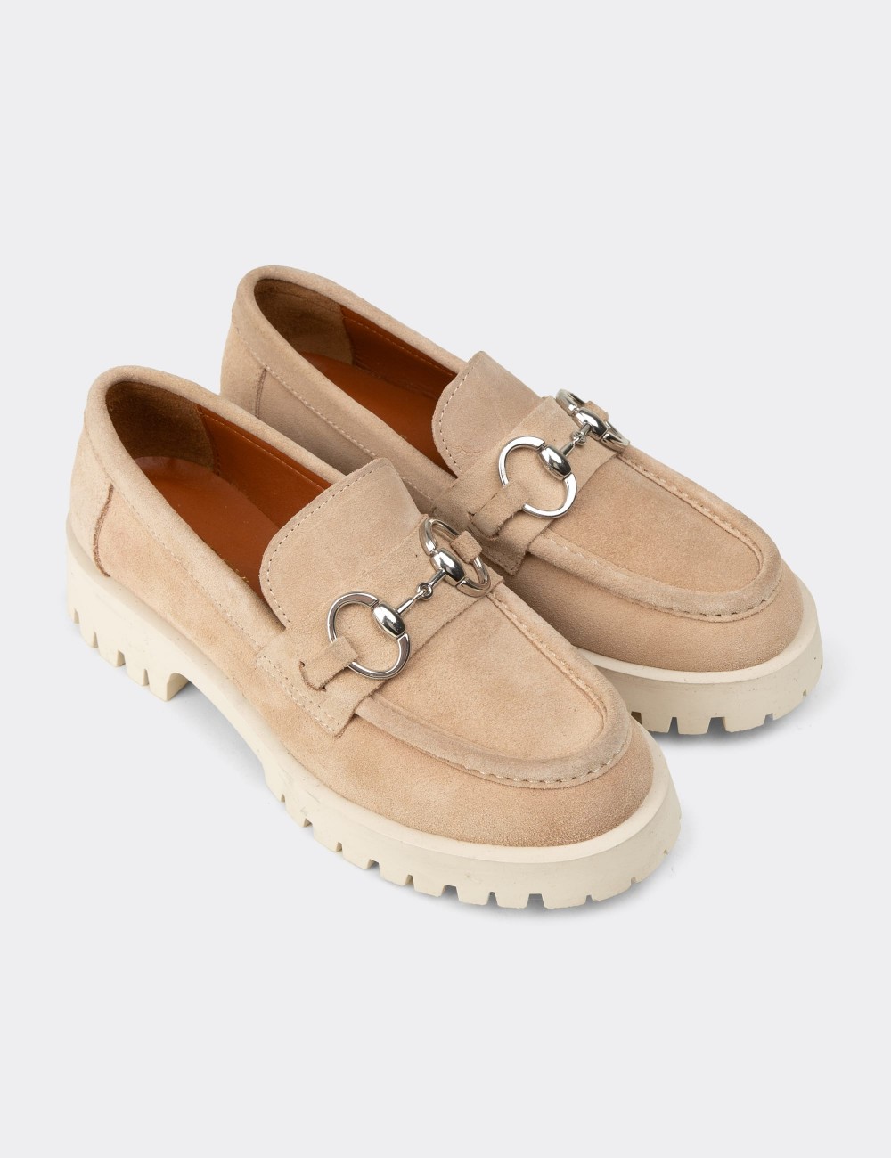 Women's Beige Suede Leather Loafers - 02037ZBEJC01