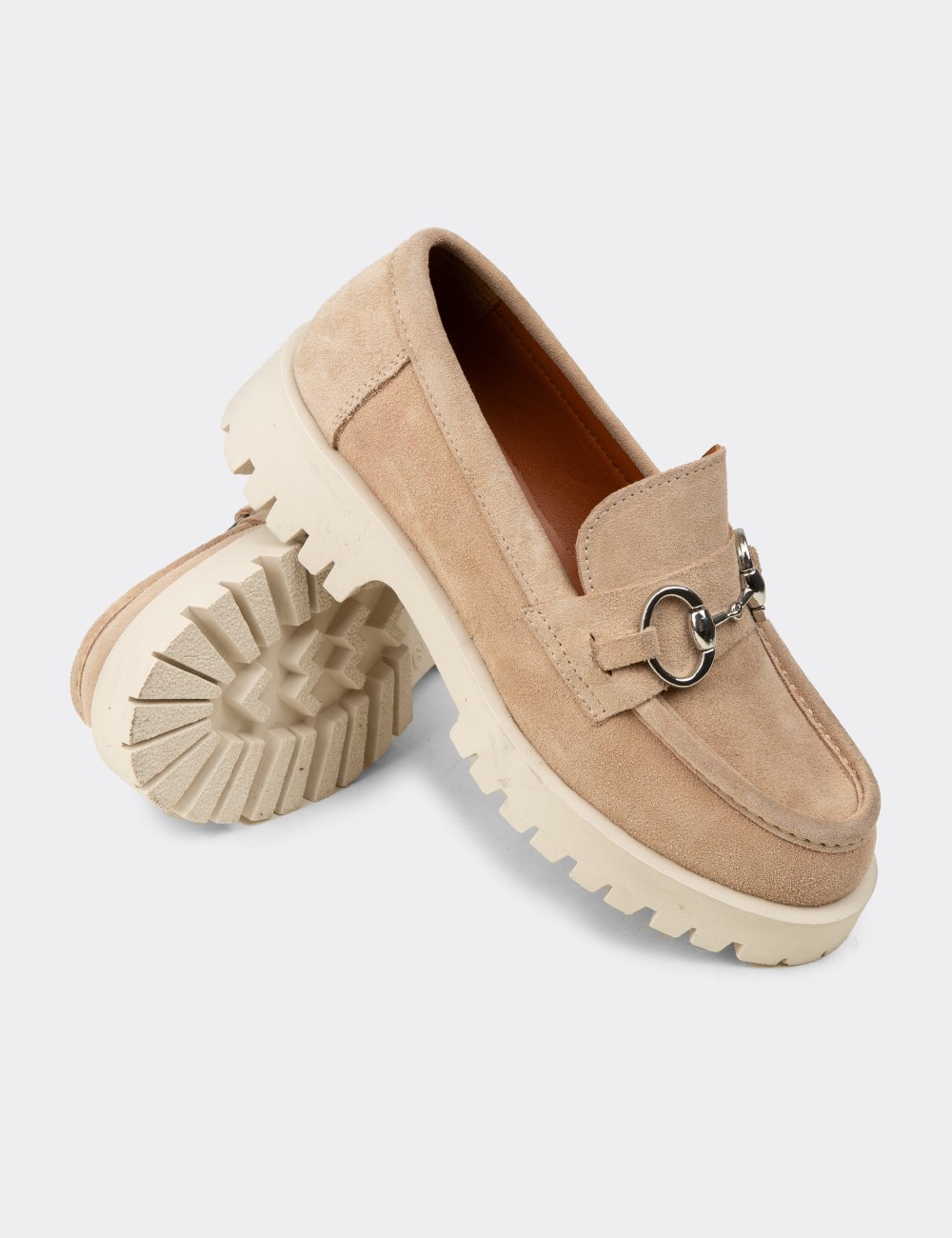 Women's Beige Suede Leather Loafers - 02037ZBEJC01