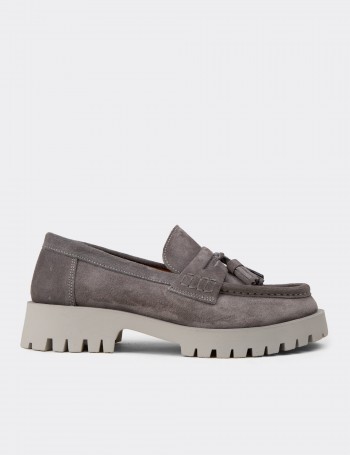 Women's Gray Suede Leather Tassel Loafers