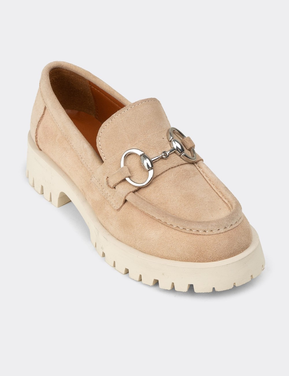 Women's Beige Suede Leather Loafers - 02037ZBEJC01