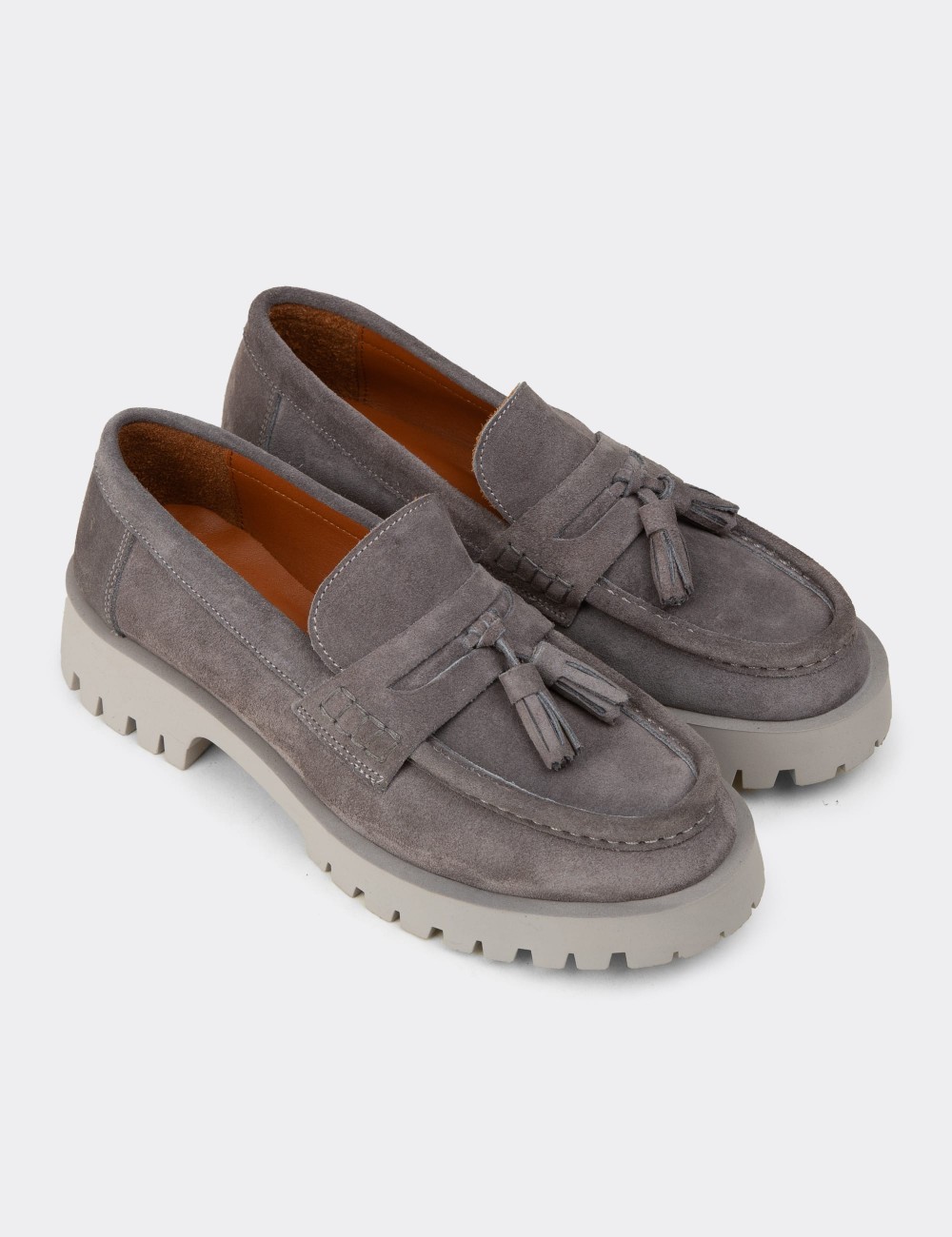 Women's Gray Suede Leather Tassel Loafers - 02035ZGRIC01