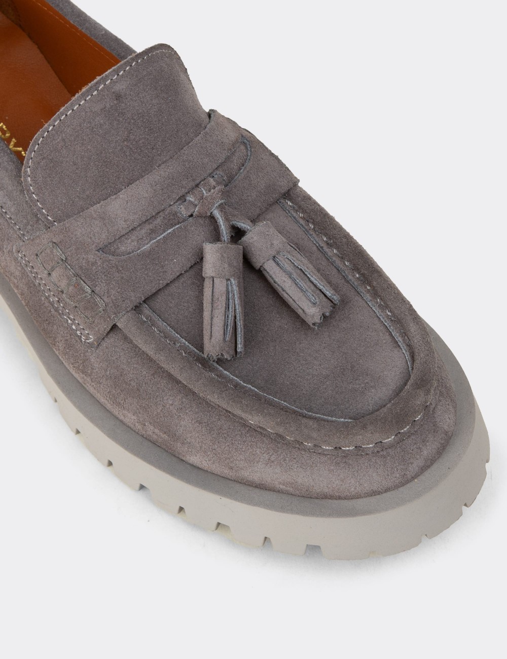 Women's Gray Suede Leather Tassel Loafers - 02035ZGRIC01