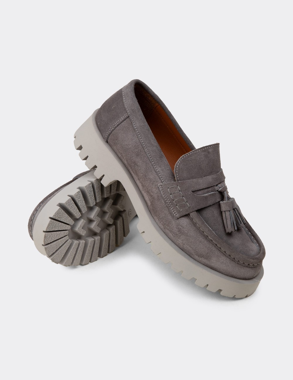 Women's Gray Suede Leather Tassel Loafers - 02035ZGRIC01