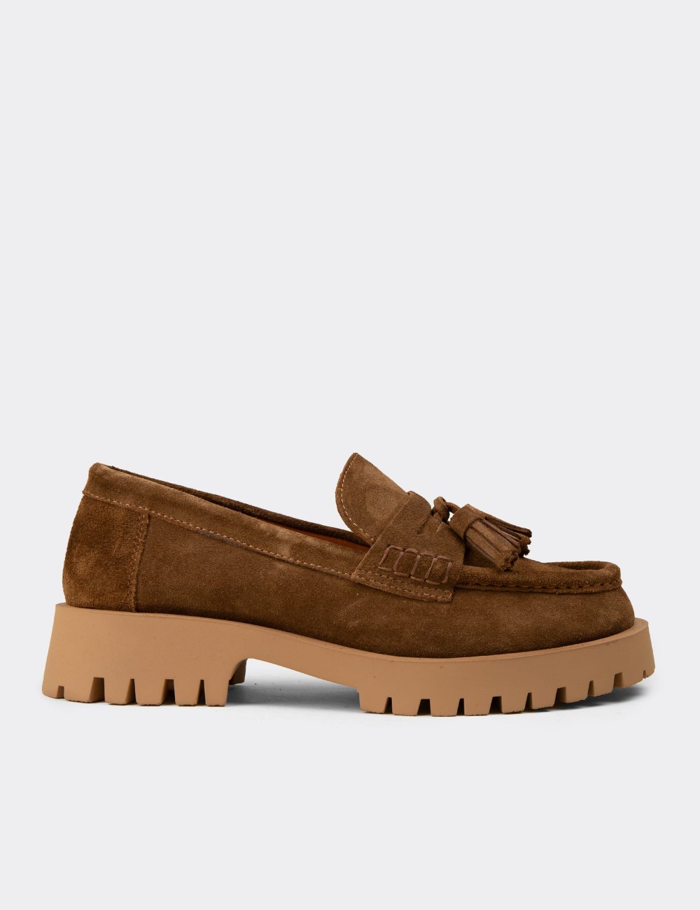 Women's Tan Suede Leather Tassel Loafers - 02035ZTBAC01