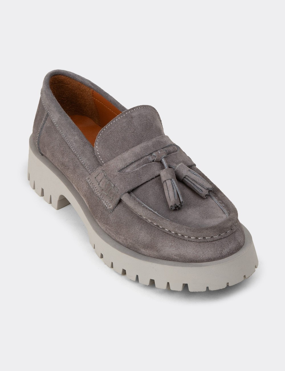 Women's Gray Suede Leather Tassel Loafers - 02035ZGRIC01