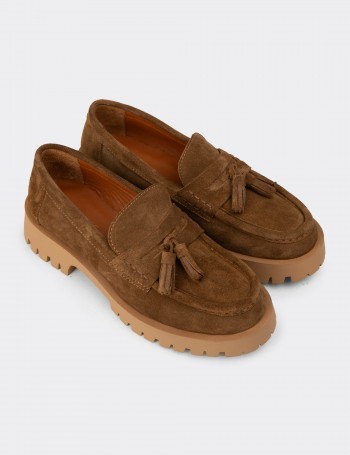 Women's Tan Suede Leather Tassel Loafers
