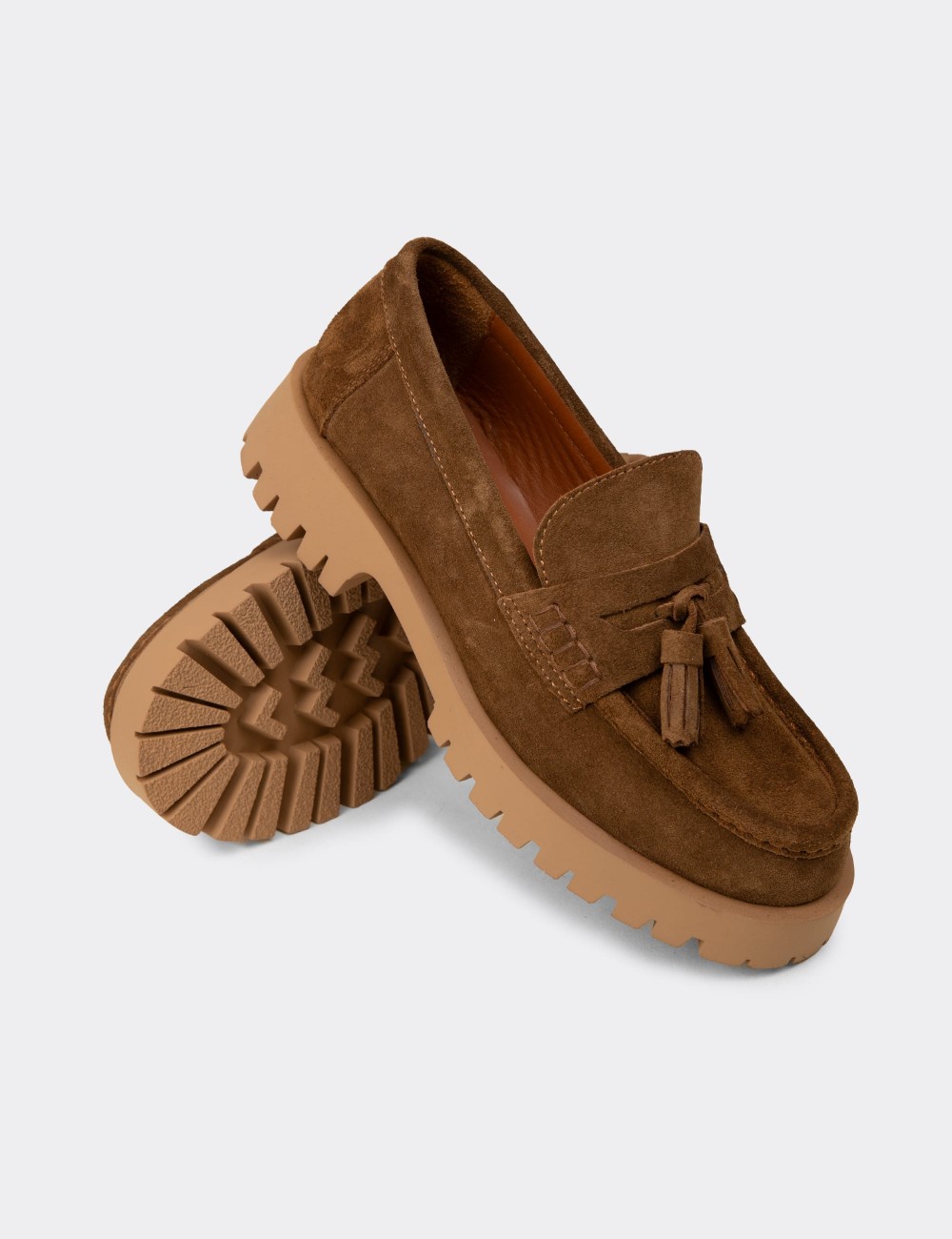 Women's Tan Suede Leather Tassel Loafers - 02035ZTBAC01