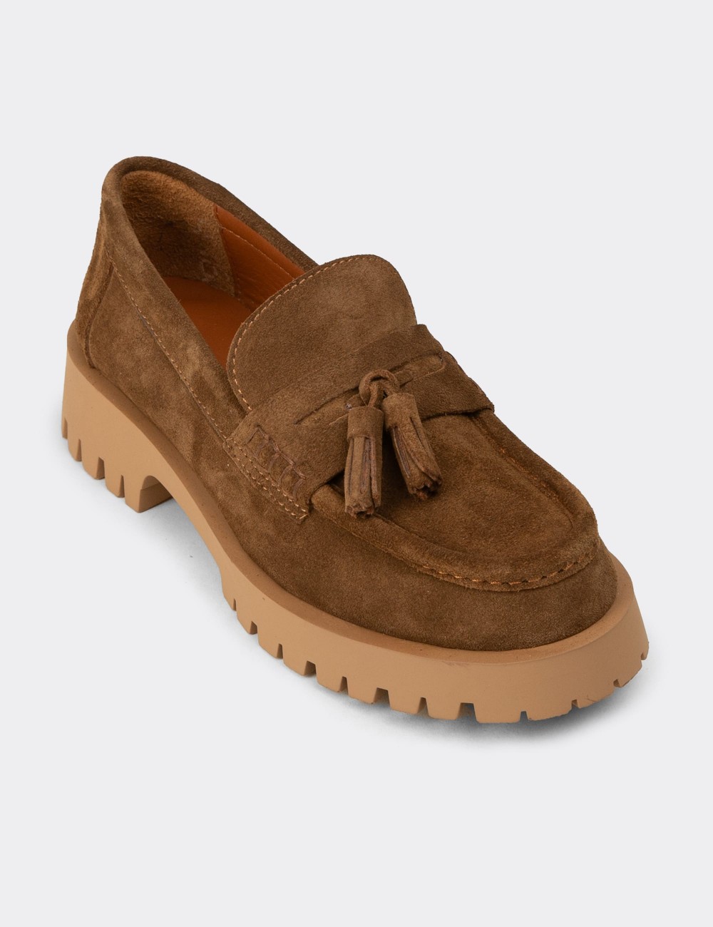 Women's Tan Suede Leather Tassel Loafers - 02035ZTBAC01