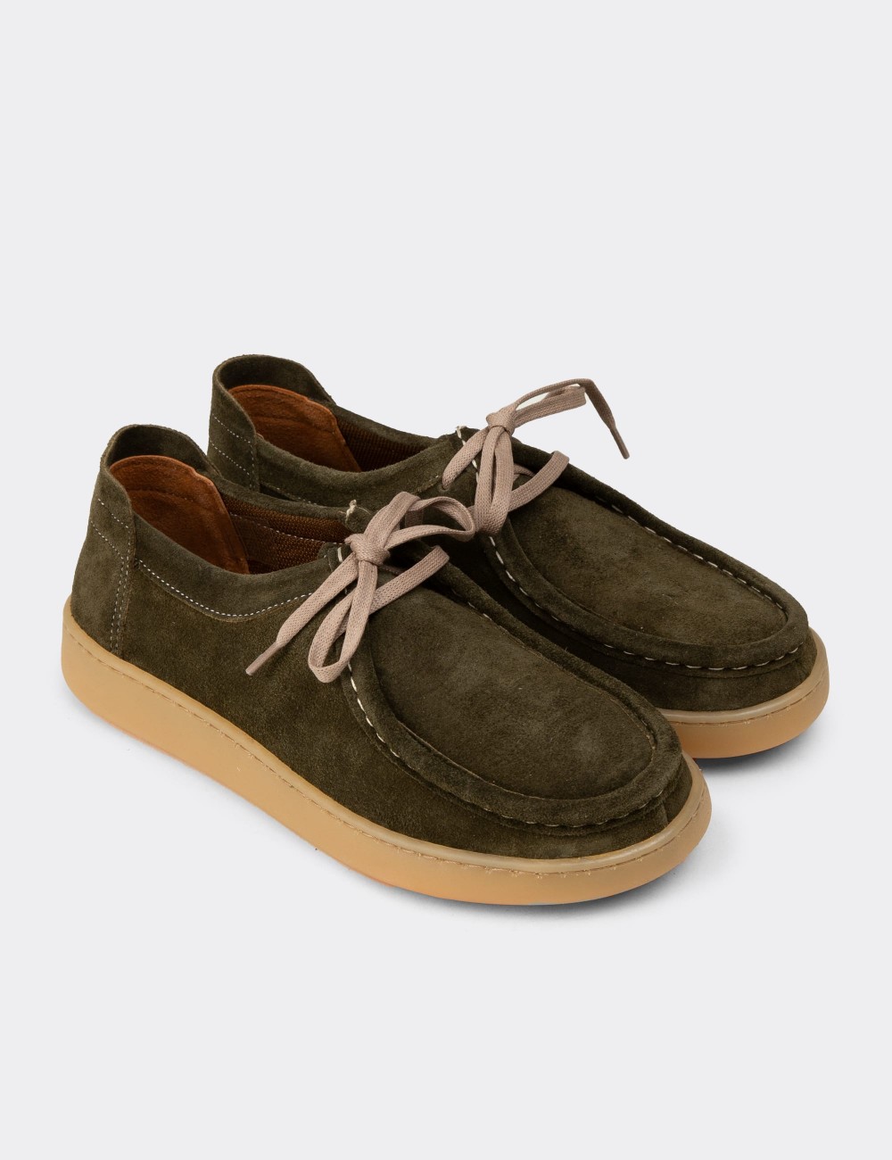Women's Khaki Suede Leather Lace-up Shoes - SE610ZHAKC01