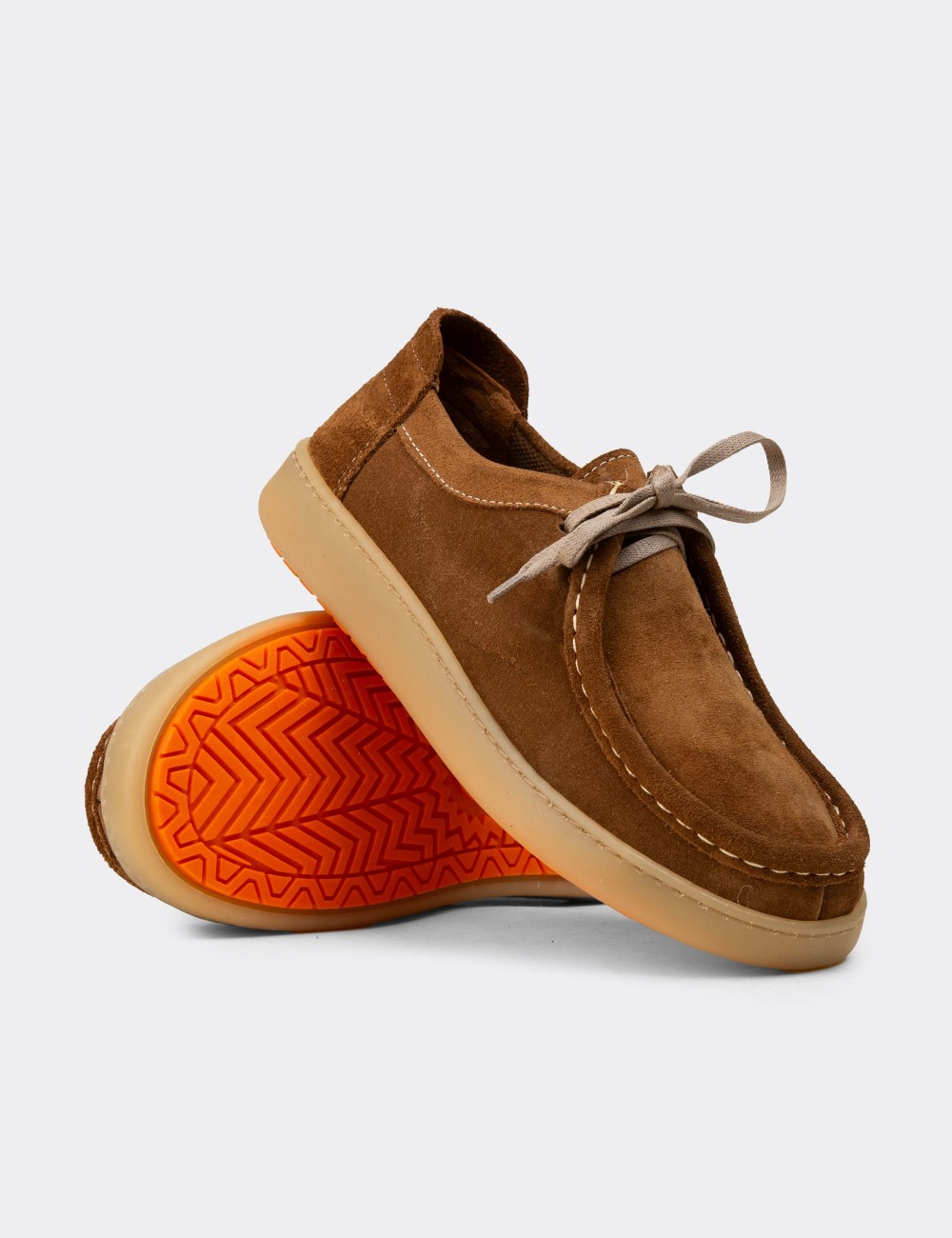 Women's Tan Suede Leather Lace-Up Shoes - SE610ZTBAE01