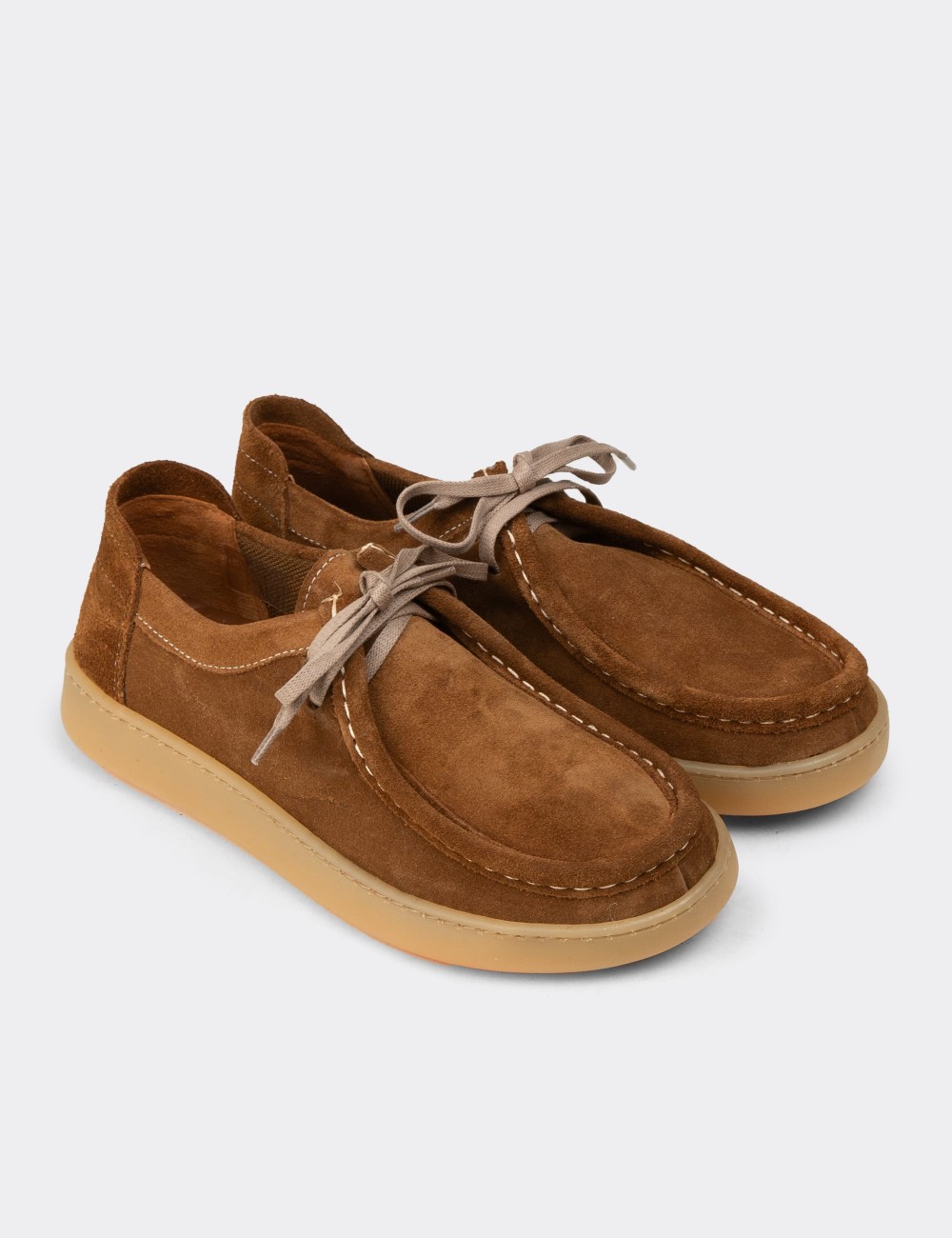 Women's Tan Suede Leather Lace-Up Shoes - SE610ZTBAE01