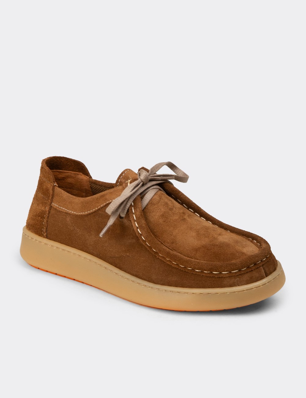 Women's Tan Suede Leather Lace-Up Shoes - SE610ZTBAE01
