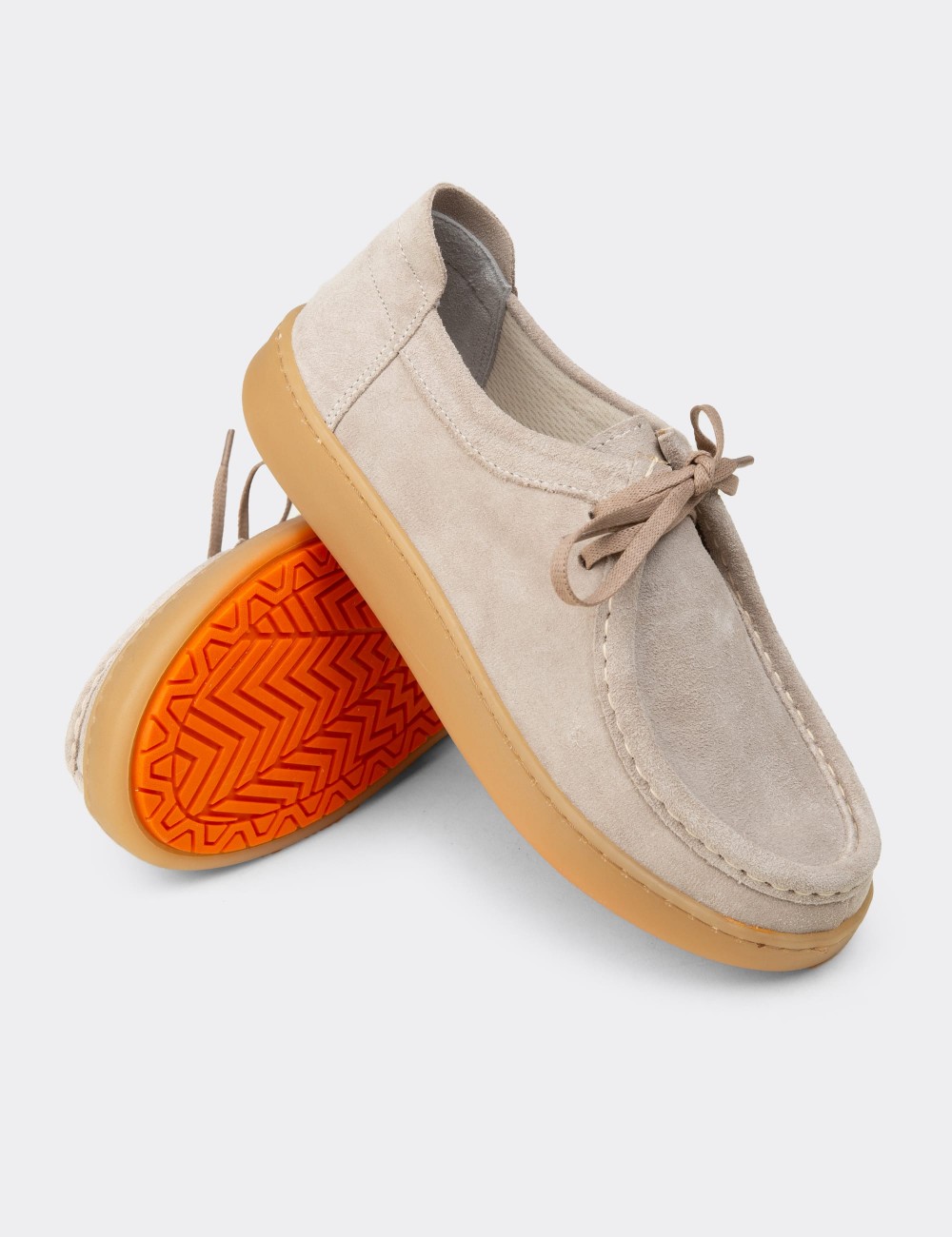 Women's Beige Suede Leather Lace-up Shoes - SE610ZBEJE03