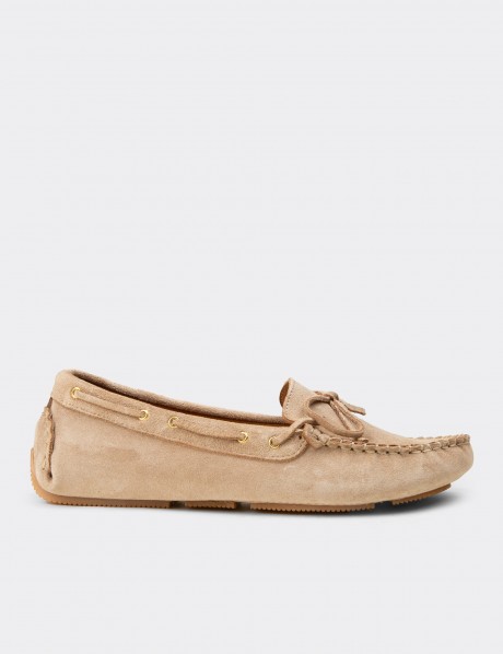 Women's Beige Suede Leather Slip-On Shoes