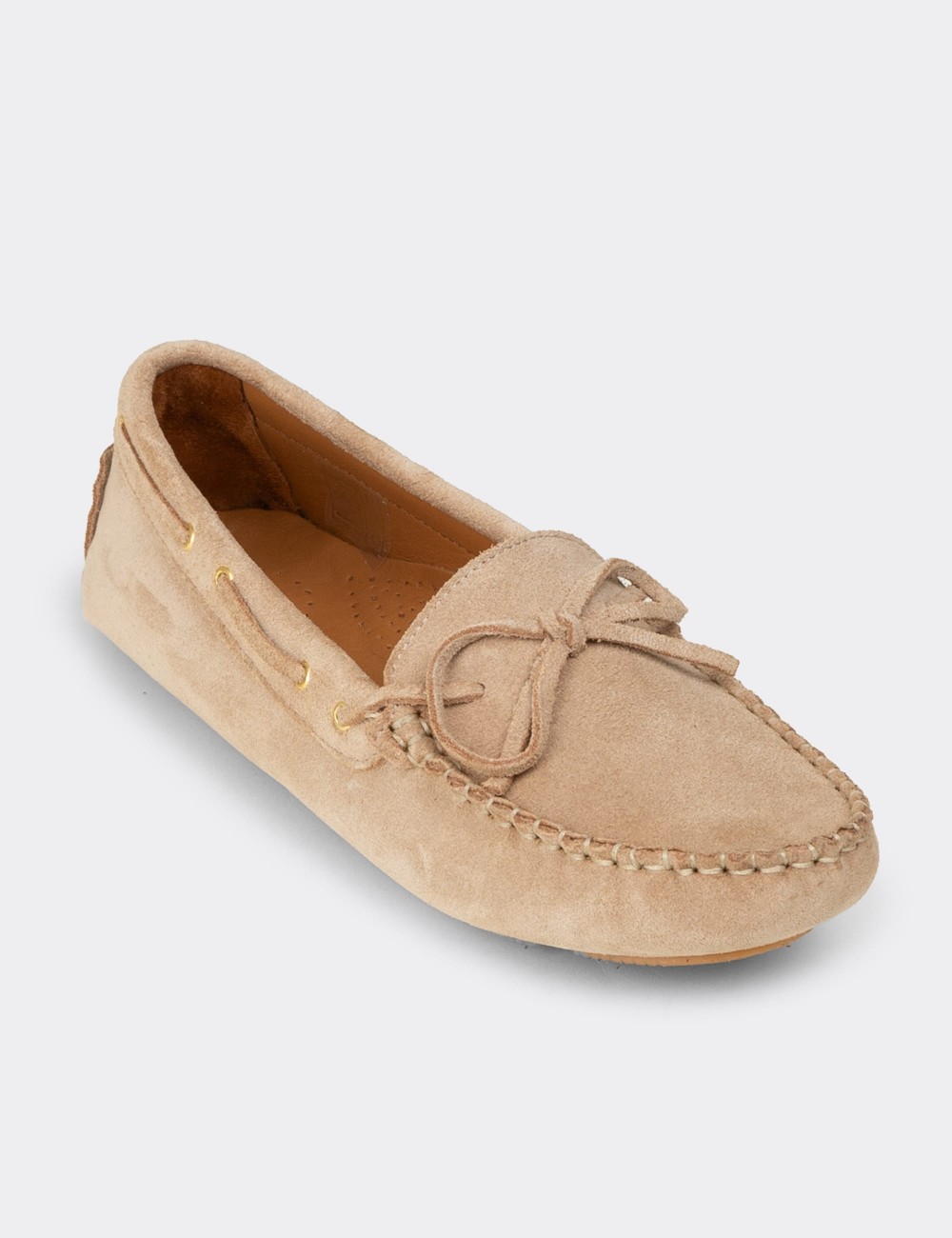 Women's Beige Suede Leather Slip-On Shoes - DL505ZBEJC01