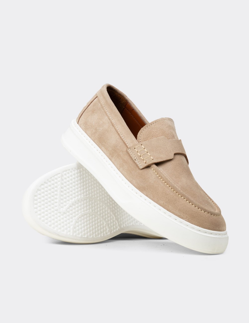 Men's Beige Suede Leather Loafers - 02043MBEJP03