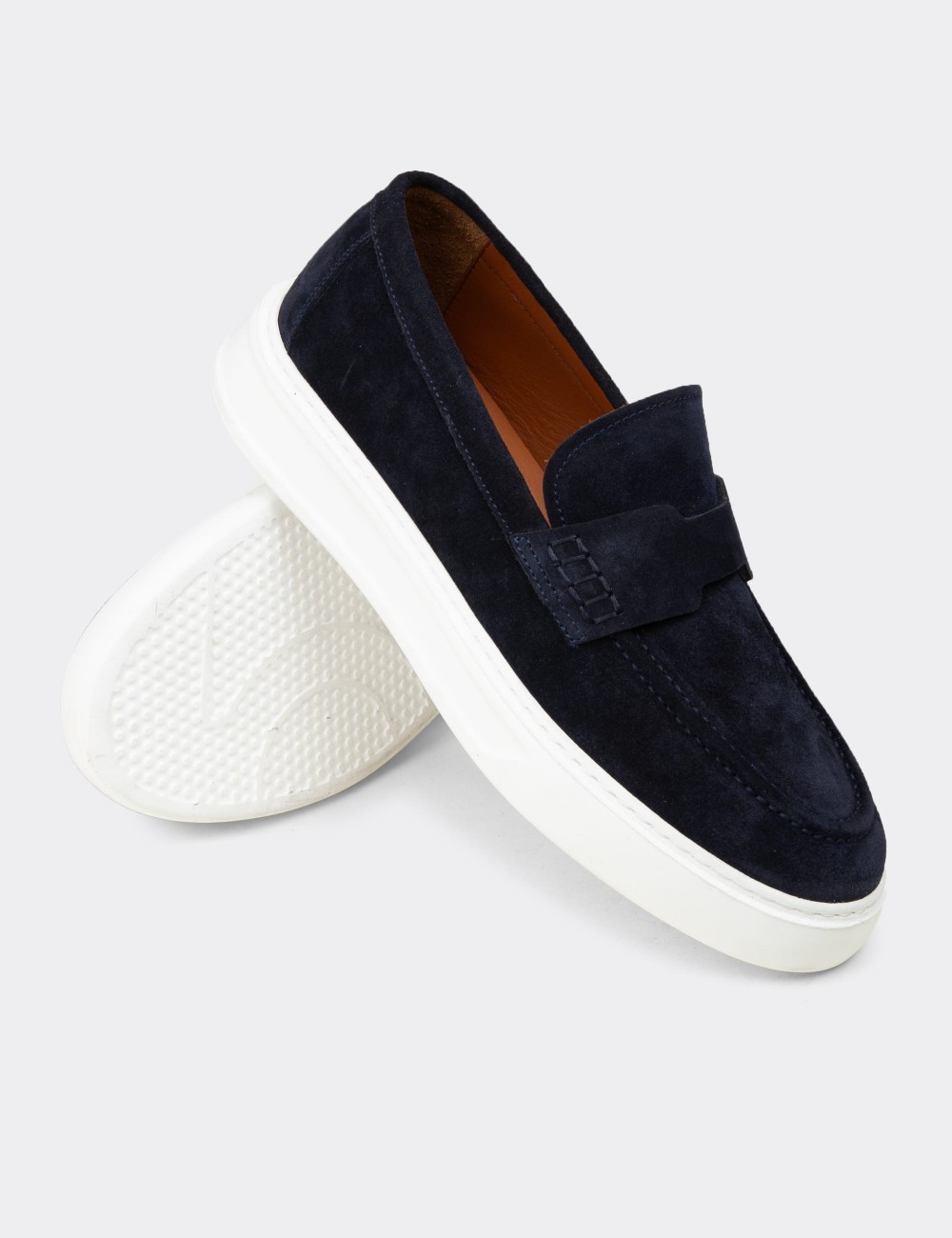 Men's Navy Suede Leather Loafers - 02043MLCVP01