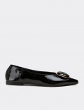 Women's Black Pointed Toe Flats with Buckle Detail