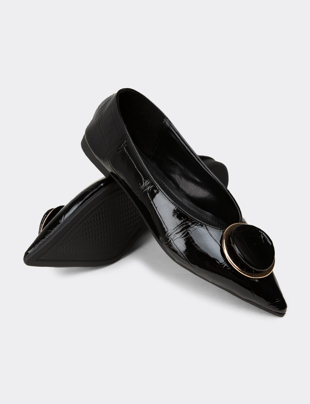 Women's Black Pointed Toe Flats with Buckle Detail - RD923ZSYHM01