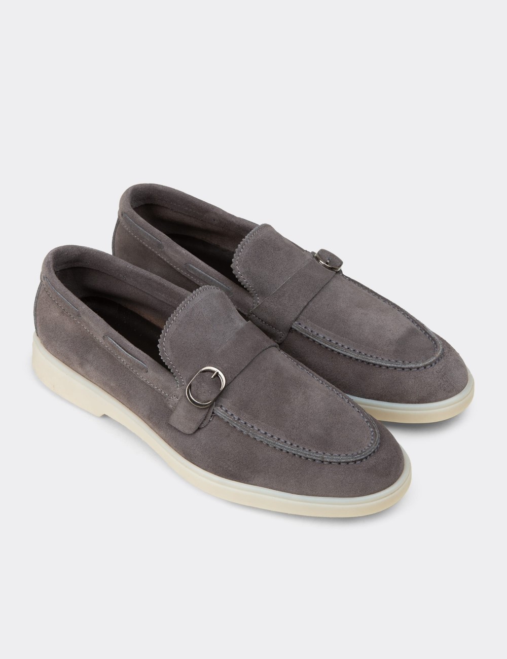 Men's Gray Suede Leather Buckle Loafers - 02031MGRIC01