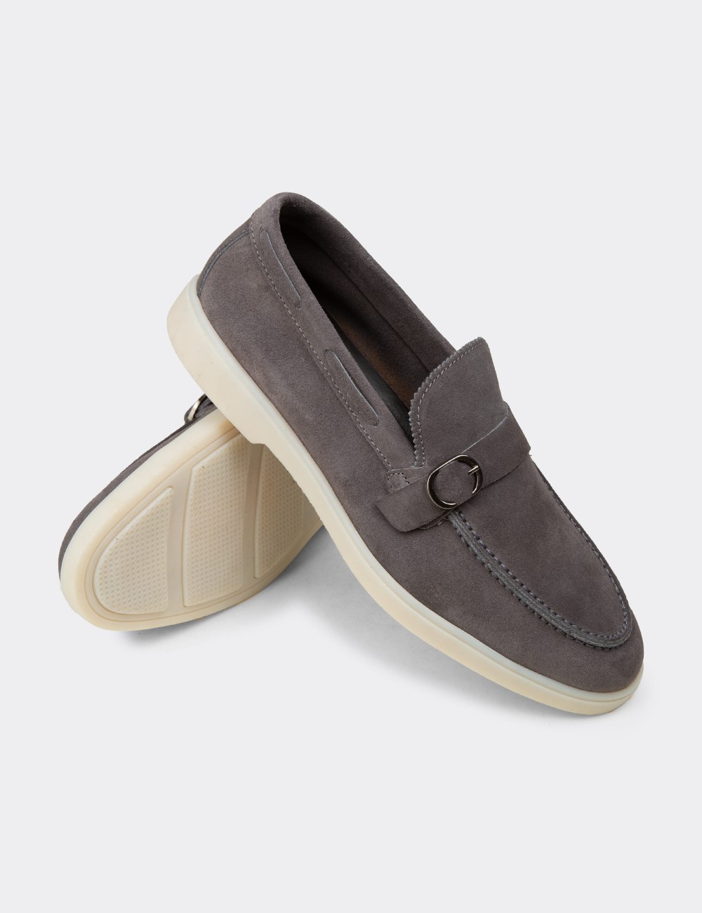 Men's Gray Suede Leather Buckle Loafers - 02031MGRIC01