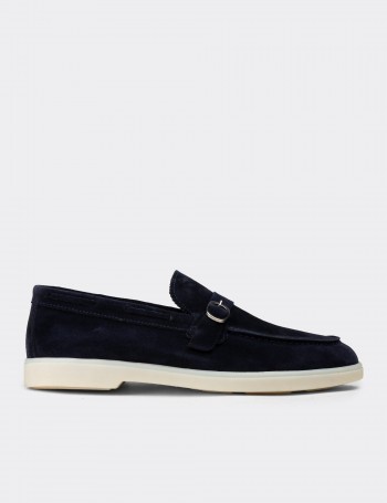 Men's Navy Suede Leather Buckle Loafers
