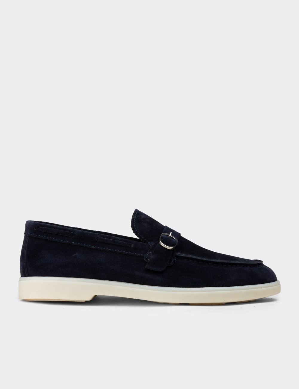 Men's Navy Suede Leather Buckle Loafers - 02031MLCVC01