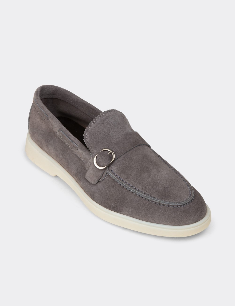 Men's Gray Suede Leather Buckle Loafers - 02031MGRIC01