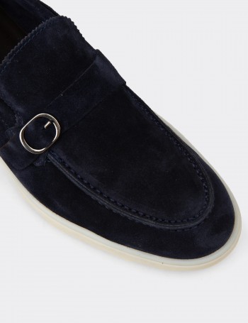 Men's Navy Suede Leather Buckle Loafers