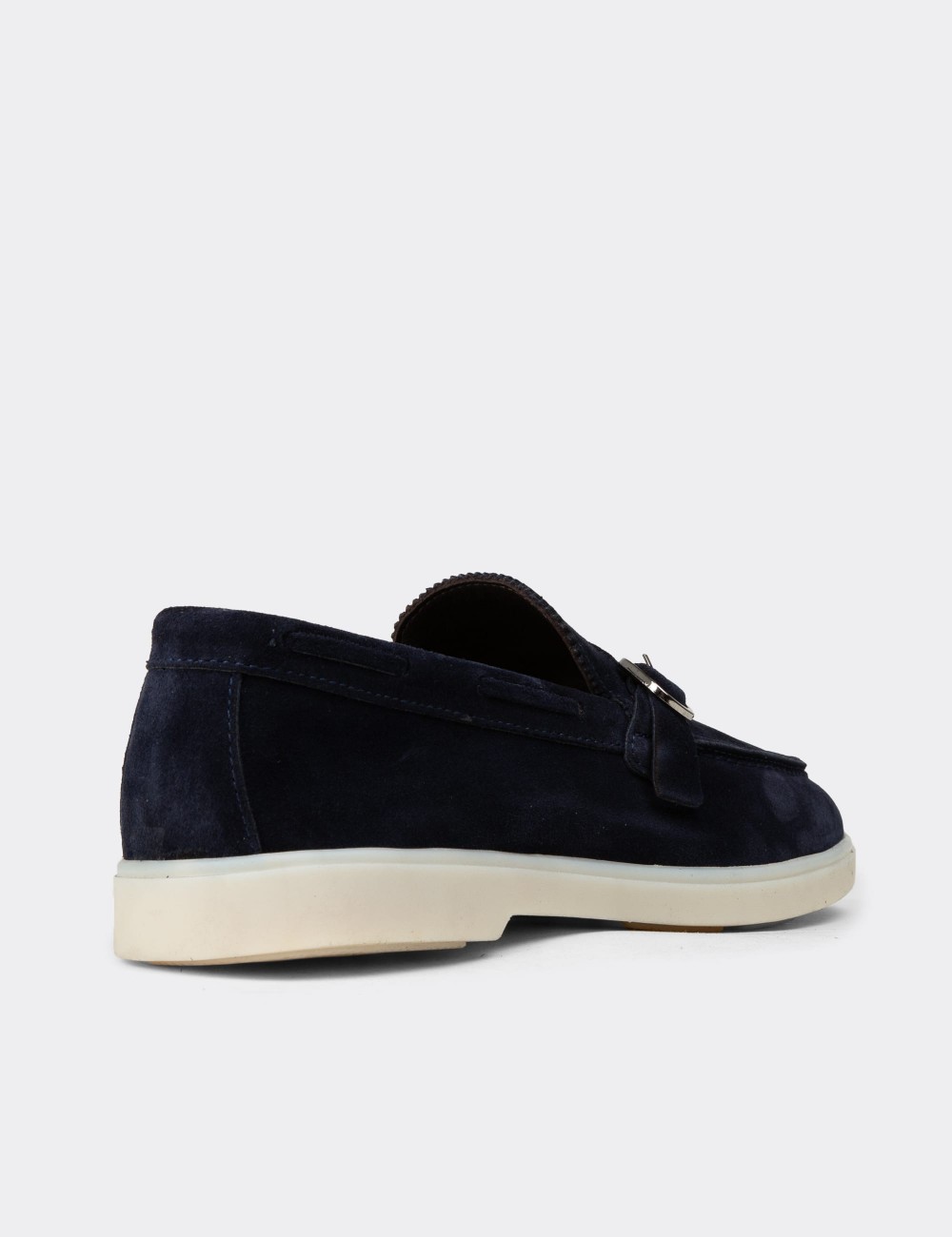 Men's Navy Suede Leather Buckle Loafers - 02031MLCVC01