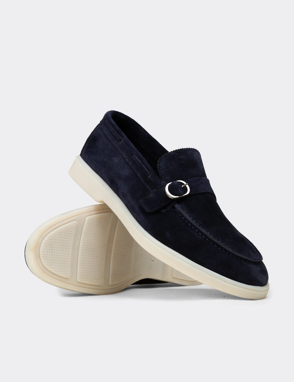 Men's Navy Suede Leather Buckle Loafers - 02031MLCVC01