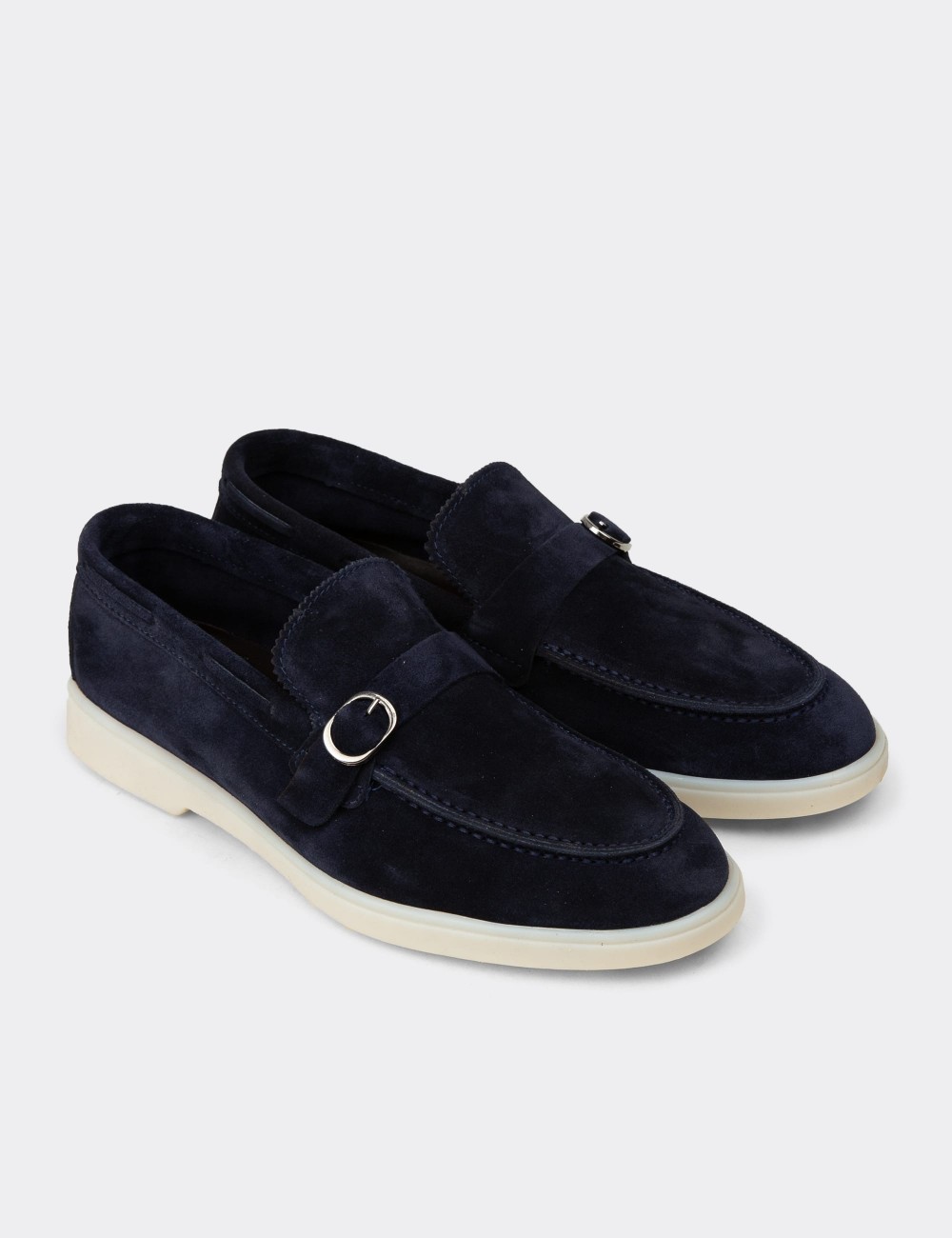 Men's Navy Suede Leather Buckle Loafers - 02031MLCVC01