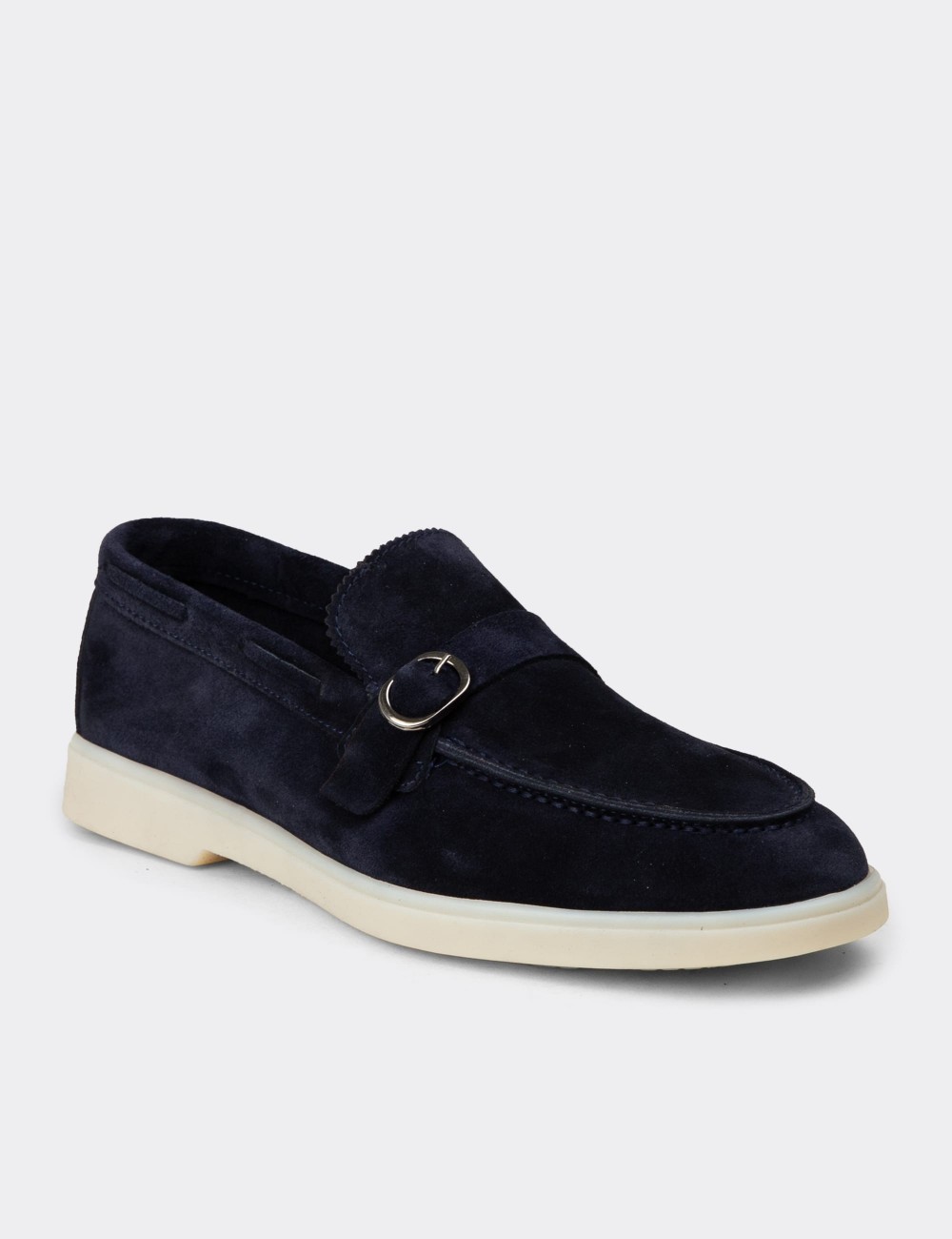 Men's Navy Suede Leather Buckle Loafers - 02031MLCVC01