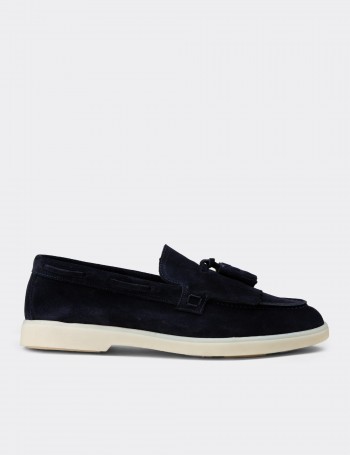 Men's Navy Suede Leather Tassel Loafers
