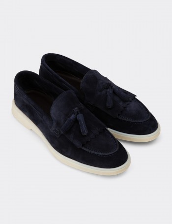 Men's Navy Suede Leather Tassel Loafers