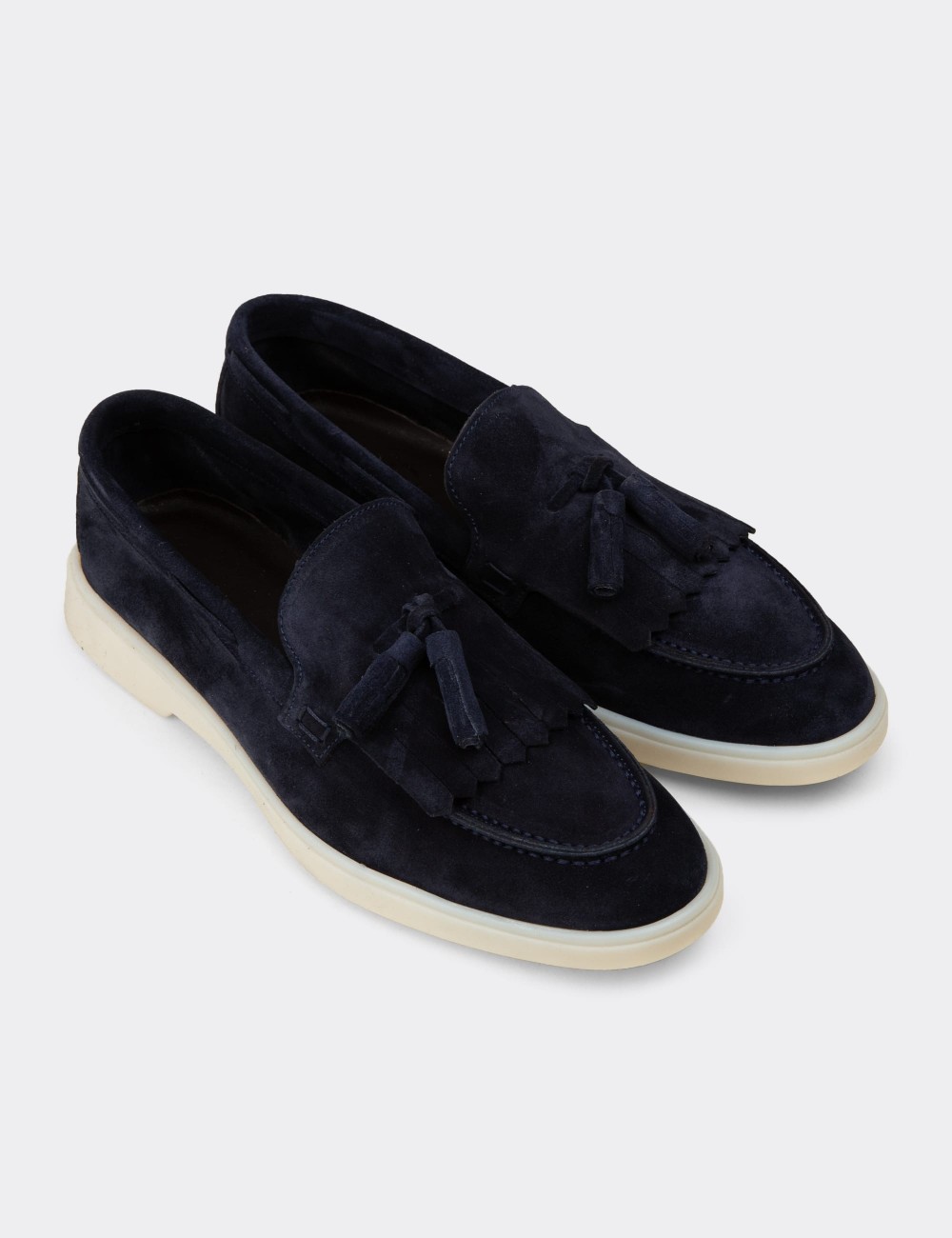 Men's Navy Suede Leather Tassel Loafers - 02030MLCVC01
