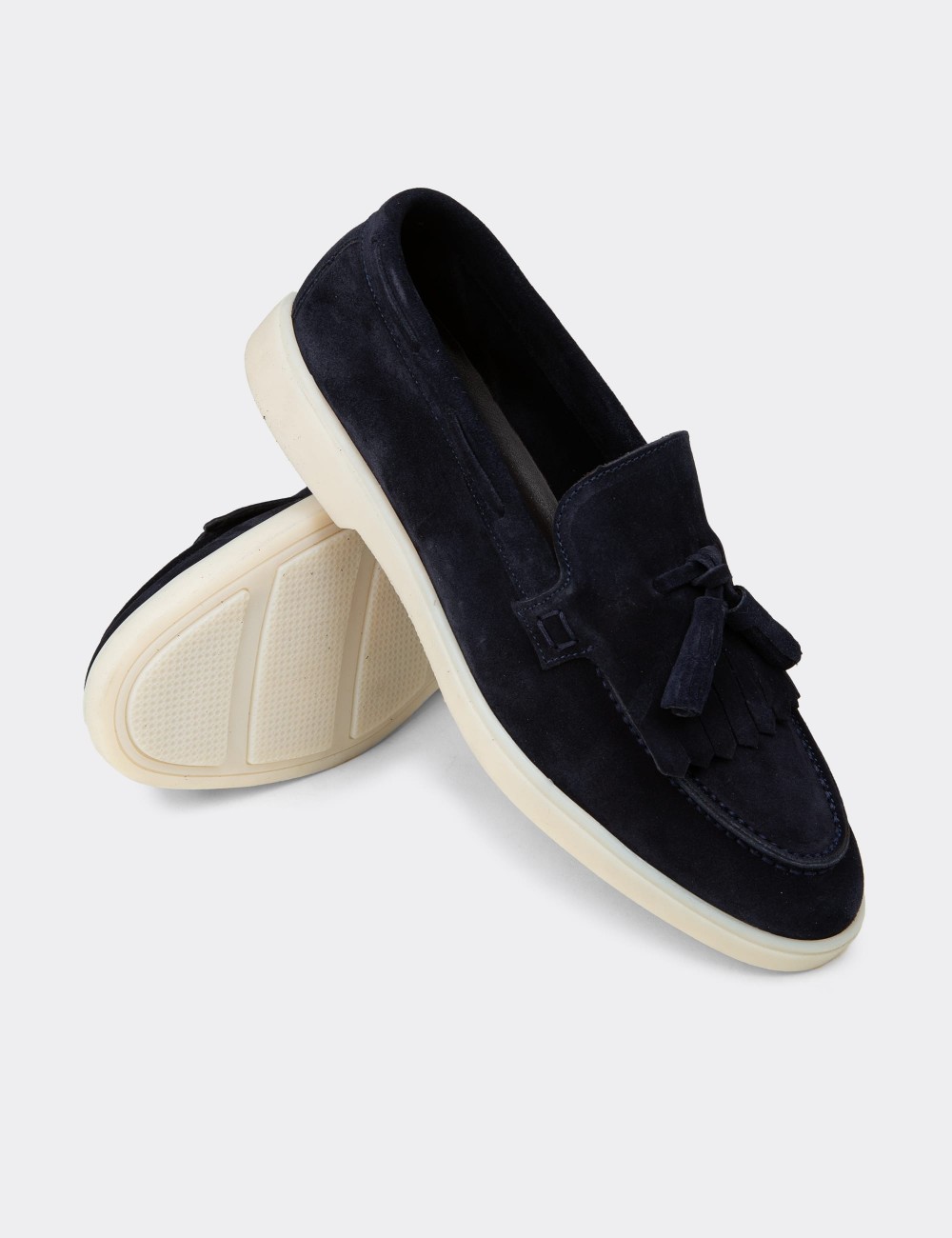 Men's Navy Suede Leather Tassel Loafers - 02030MLCVC01