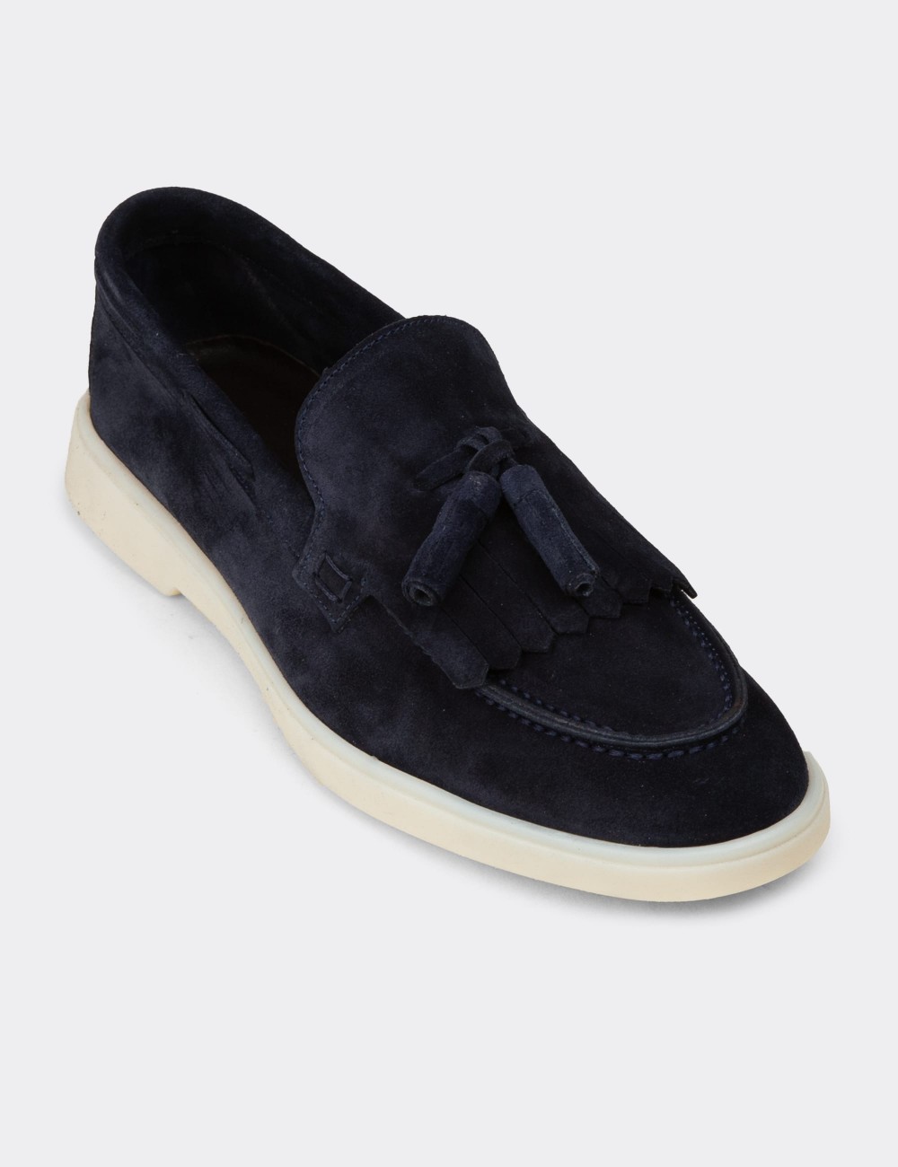 Men's Navy Suede Leather Tassel Loafers - 02030MLCVC01