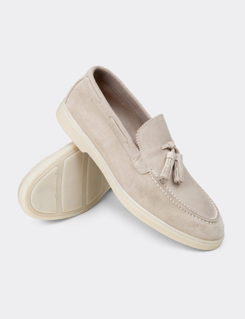 Women’s Beige Suede Leather Tassel Loafers - 02027MBEJC01