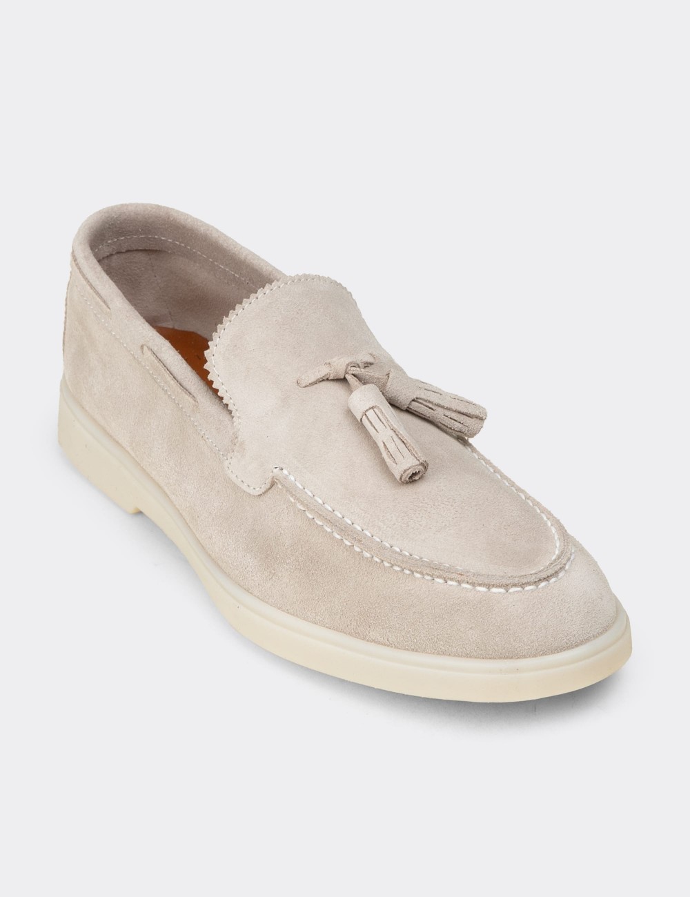 Women’s Beige Suede Leather Tassel Loafers - 02027MBEJC01