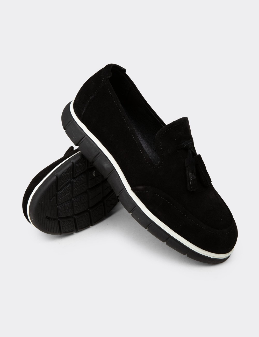 Men's Black Suede Leather Tassel Loafers - 02048MSYHE01