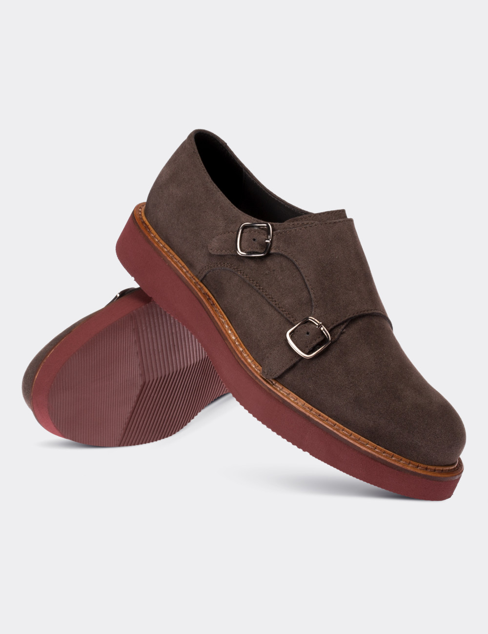 Brown Suede Leather Monk Straps Shoes - 01614ZKHVE06