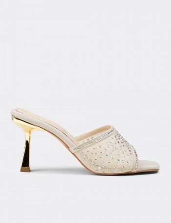 Women's Embellished Beige Mule Sandal