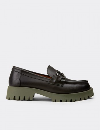 Women's Green Leather Buckled Loafers