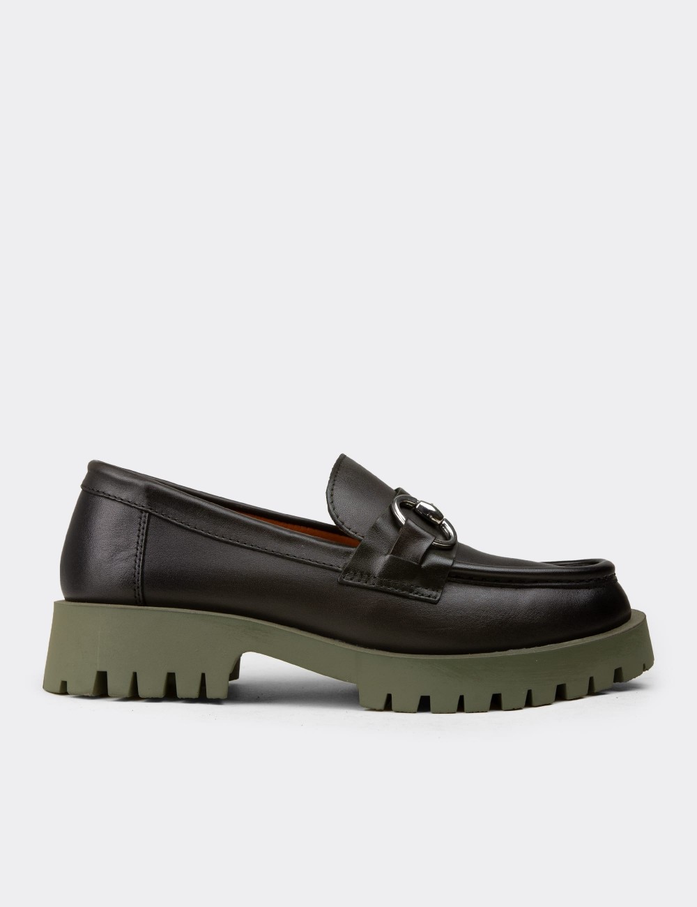 Women's Green Leather Buckled Loafers - 02037ZYSLC01