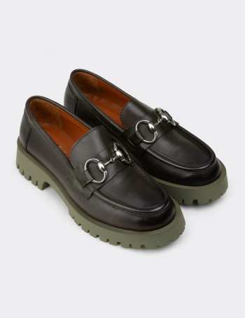 Women's Green Leather Buckled Loafers