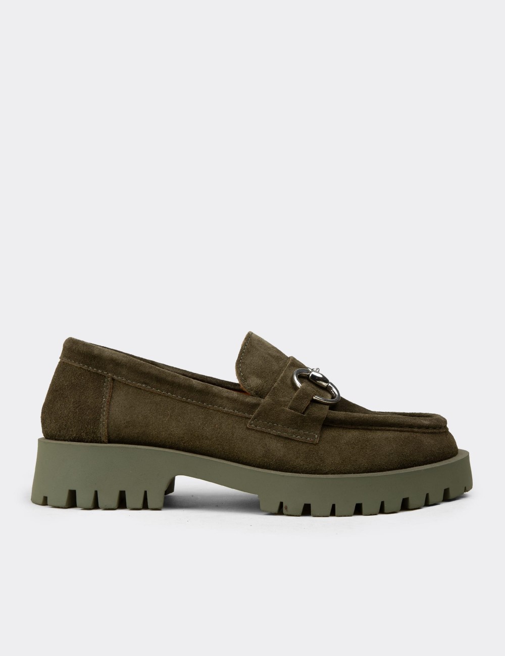 Women's Green Suede Leather Buckled Loafers - 02037ZYSLC03