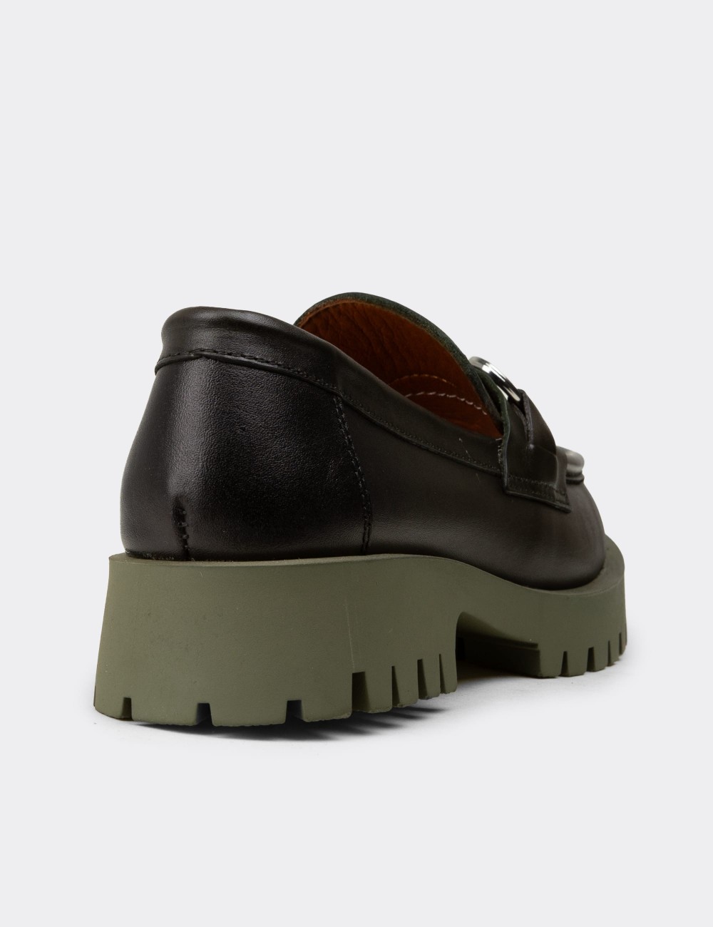 Women's Green Leather Buckled Loafers - 02037ZYSLC01