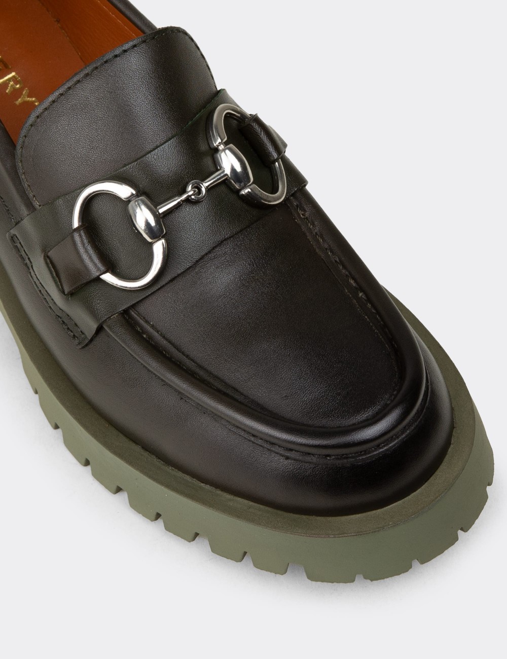 Women's Green Leather Buckled Loafers - 02037ZYSLC01