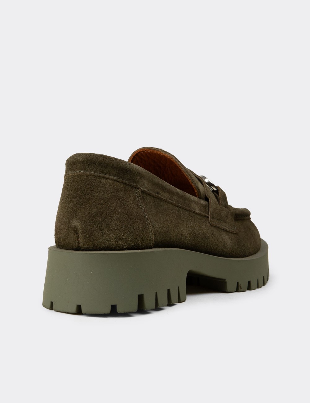 Women's Green Suede Leather Buckled Loafers - 02037ZYSLC03
